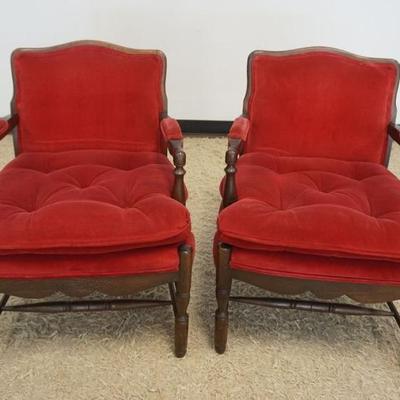 1221	PAIR OF ETHAN ALLEN FRENCH COUNTRY STYLE ARM CHIARS WITH OAK FRAMES AND TUFTED CUSHIONS, EACH APPROXIMATELY 24 IN X 21 IN X 32 IN H
