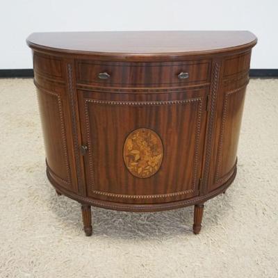 1208	IMPERIAL STRIPED MAHOGANY FLORAL MEDALLION INLAID 1 DRAWER OVER 1 DOOR DEMILUNE STAND, APPROXIMATELY 36 IN X 16 IN X 32 IN H
