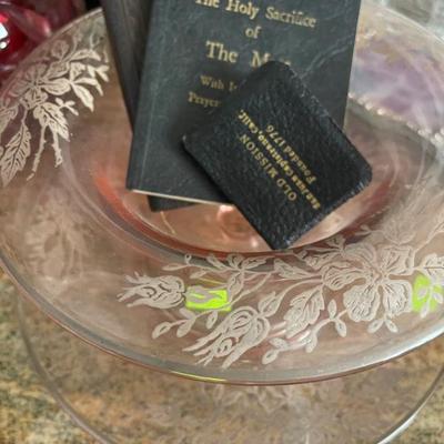 Small Bibles, pink depression, glass