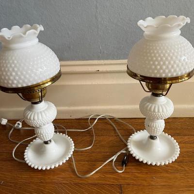 Hurricane hobnail milk glass lamps