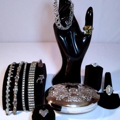 Sterling Silver Bracelets, Charm Bracelet, Charms, Rings, And Oval Silver Plated Jewelry Box