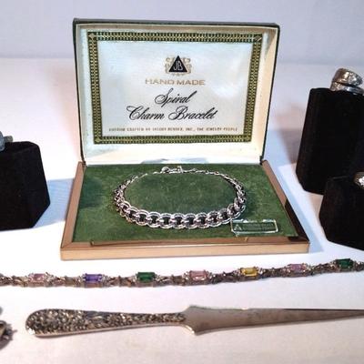 Sterling Silver Charm Bracelet, CZ Bracelet, Rings And A Letter Opener