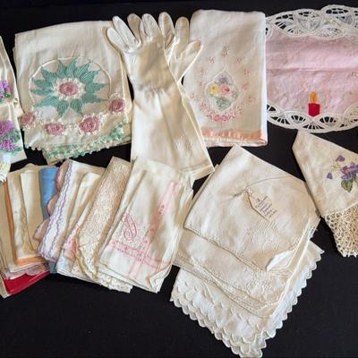 Lot Of Vintage Goodies, Including Pillowcases, Gloves, Handkerchiefs, And More