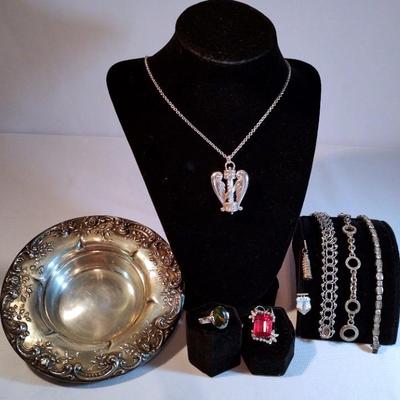 Sterling And Costume Jewelry With A Sterling Dresser Bowl