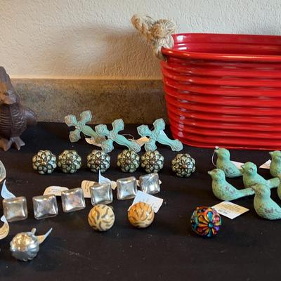 Decorators Lot - Variety Of Drawer Pulls, Bird Decor And Red Rope-Handled Bin
