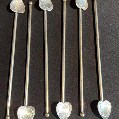 Set Of Six Heart Shaped Sterling Silver Stir Straws
