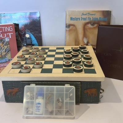 Winter Wooden Lodge Checkers Set, Collection  Of Fly Fishing Books
