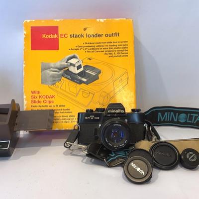 Minolta Camera, Kodak EV Stack Loader Outfit & Pana-Vue Automatic Lighted 2X2 Slide Viewer
