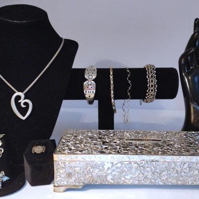 Sterling And Costume Jewelry With Silver Plate Jewelry Box