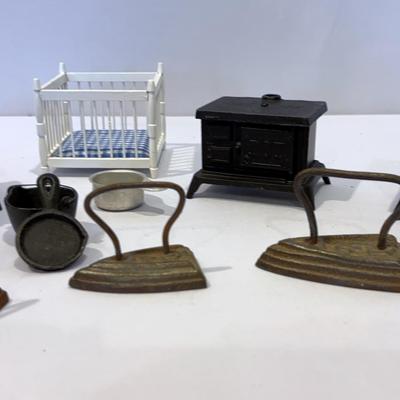Dollhouse Collectibles- Cast Iron Flat Iron, Cook Stoves, Frying Pan, Pot & Baby Crib