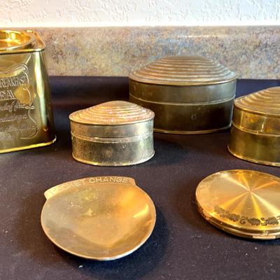 Vintage Enesco Clamshell Hinged Boxes, Pocket Change Dish, Elgin American Compact & Hosley Tea Box