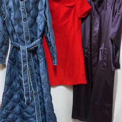Vintage all weather, long, blue coat, vintage red dress, vintage all weather long purple coat 