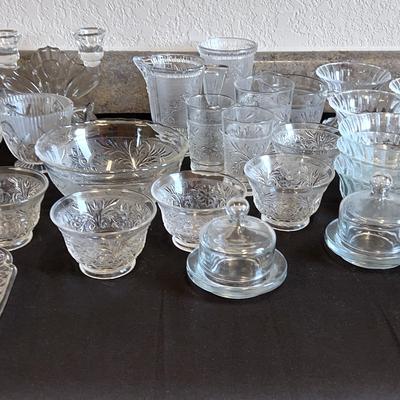 Large Lot Of Glass Bowls, Glasses, Cream/Sugar Bowls And Candlestick