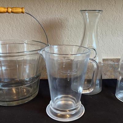 Dragonfly Mark Design Water Pitcher, Anchor Hocking Ice Bucket And Carafes