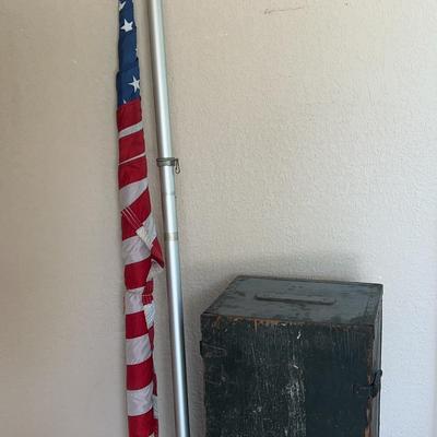 American Flag, Flag Pole And Wooden Army Box