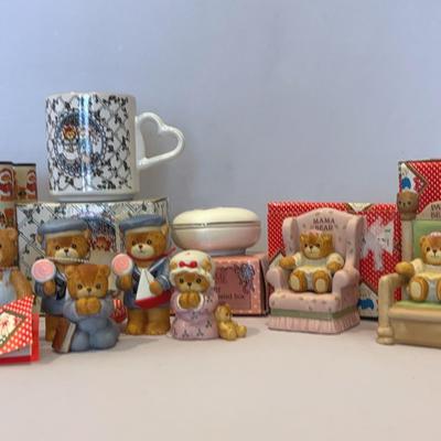 Enesco Lucy & Me Teddy Bears, Mother Heart Box w/ Earrings, & Ceramic Mug