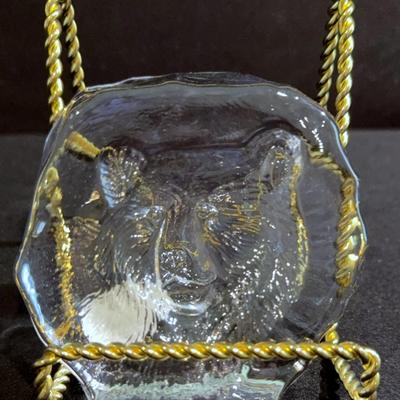 Etched Bear Crystal Paperweight Vintage Genuine Lead Crystal