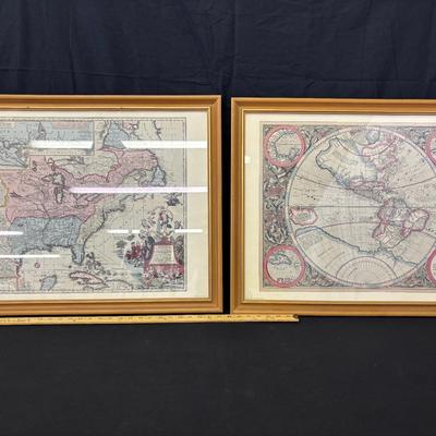 2 Framed Old Maps of the US and the World