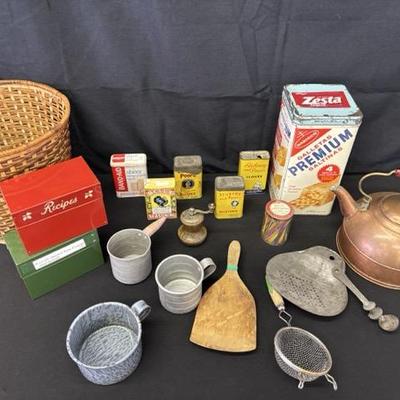 Antique Metal Containers, Kettle and Basket 