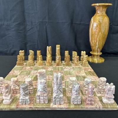 Marble and Stone Chess Board with Pieces and Marble Vase
