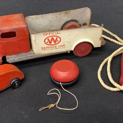 Red Vintage Toys with Tin Truck 