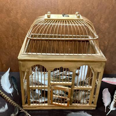 Vintage Bamboo Decorative Birdcage Filled With Feathers From Florida Trails