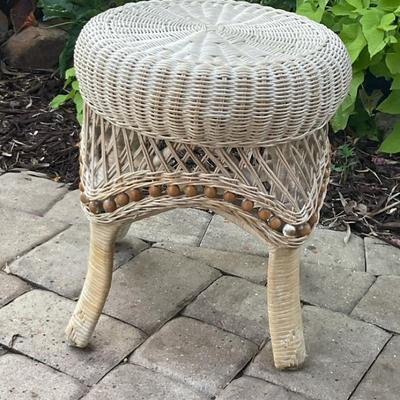 Circa 1970s Rattan Wicker Cottage Chic Beaded Stool