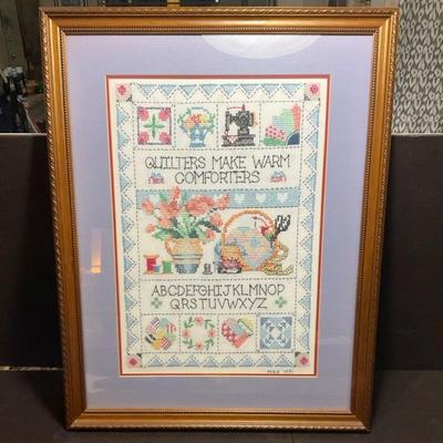 “Quilters Make Warm Comforters” Custom Framed Cross-Stitch