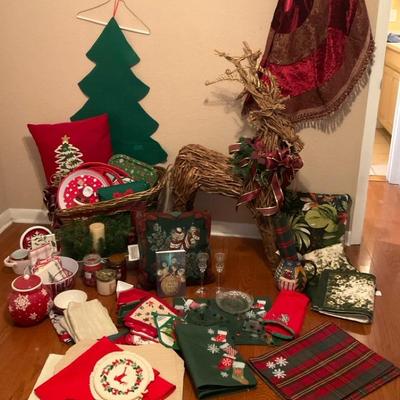 Christmas Linens, Pillows, Decor, Twig Reindeer And Sleigh And More