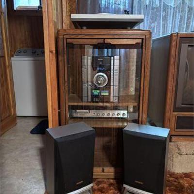 Sony Stereo, BSR Turntable, Panasonic AM/FM 8-Track, AIWA Speakers & Oak Cabinet .jpg