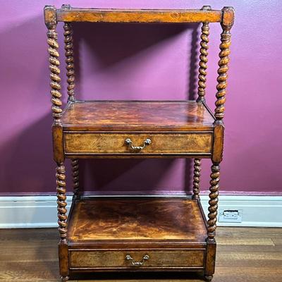 Burlwood Serving Table | Antique (mid 19th c.) burlwood serving table with three shelves and two drawers. - h. 41 x w. 24 x d. 16.5 in
