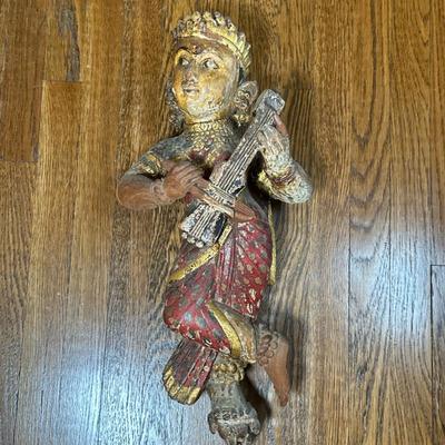 Indian Painted Figure - Gandharva with Lute | Indian hand-carved, hand-painted wooden figure of a celestial musician, also known as a...