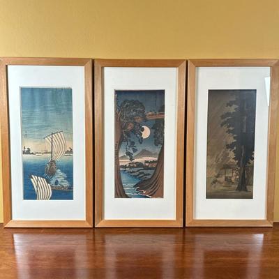 (3pc) Multiple Artists (Japanese, 19th & 20th c.), Woodblock Prints | Scene of boats on a river (likely the Edo river) at sunset,...