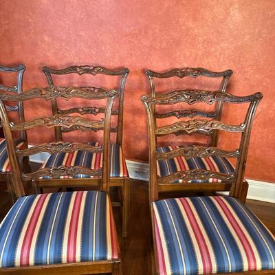 (8pc) Chippendale Style Dining Chairs | Vintage wooden Chippendale style, ladder/ribbon back, upholstered seat dining chairs, including...