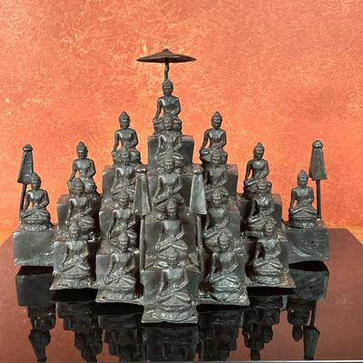 Indian/Jianism - Tirthankara Shrine | Indian/Jianism bronze statue of many seated figures of Jinas (spiritually liberated holy...