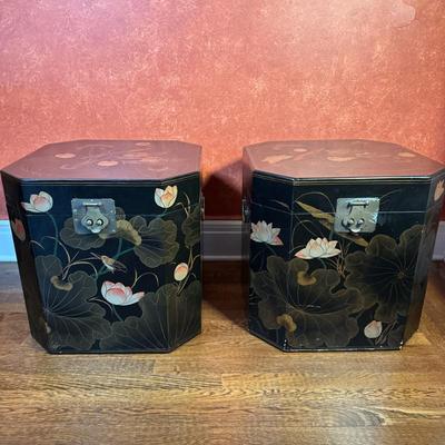 (2pc) Chinese Black Lacquer Side Tables | Pair of (possibly) Chinese black lacquered wood painted boxes converted into side tables with a...