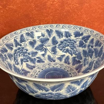 Maitland-Smith Porcelain Bowl - Blue & White | Vintage (late 20th c.) Chinese white porcelain serving bowl with blue floral details...