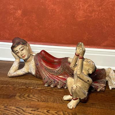 (2pc) Thai/Buddhist Figure - Reclining Buddha and Carved Figure | Thai/Buddhist painted wooden figure of a Buddha reclining/lying on...