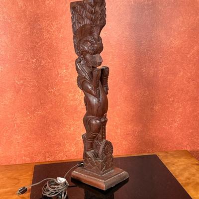 Indian Wooden Carved Lamp - Yali/Lion | Indian (South India) hand-carved wooden lamp, depicting a mythical creature resembling a lion...