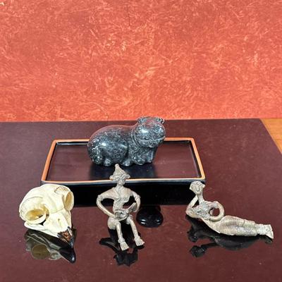 (5pc) Indian Metalwork Figures & Others | Great horned owl skull replica decorative item Indian Dohkra Darma tribal metalwork figure...