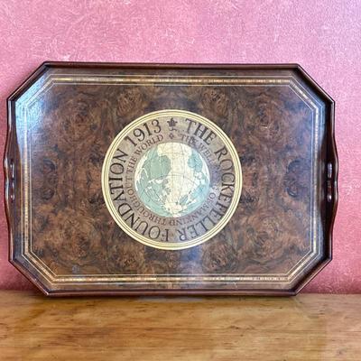 Mahogany & Burlwood Tray | Antique (20th c.) mahogany burlwood tray with handles and inlay marquetry along the outer border. - h. 2.5...