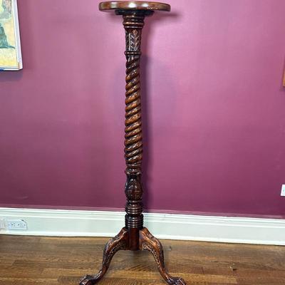 Mahogany Pedestal Plant Stand - 2/2 | Victorian style mahogany pedestal plant stand with barley twist column and claw feet. Base: w....