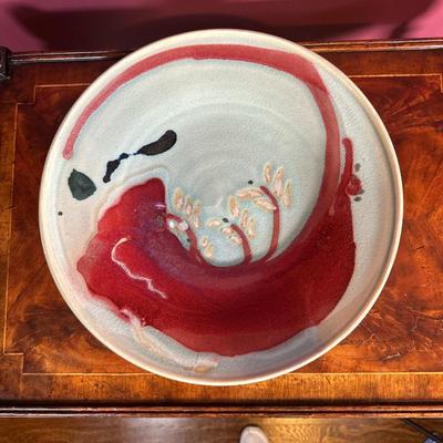 Modern Hand-Crafted Ceramic Plate | Modern hand-crafted studio ceramic plate with red painted details. Marked on underside:...