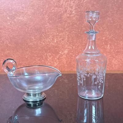 (2pc) Sterling Silver/Glass Creamer & Glass Decanter | Antique (early 20th c.) Frank Whiting & Co. clear glass creamer with...