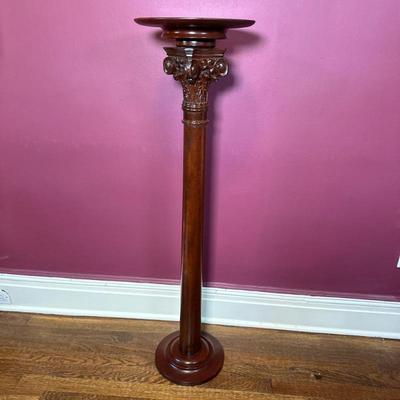 Mahogany Column Pedestal - 2/2 | Mahogany column pedestal/plant stand with ionic-style carved details. - h. 43 x w. 11.5 in
