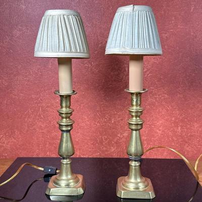 (2pc) Brass Candlestick Table Lamps | Pair of brass candlestick base table lamps with small pleated lampshades. - h. 17 x w. 3 x 3 in

