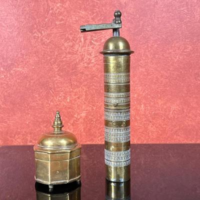 (2pc) Middle Eastern Brass Spice Grinder | Middle Eastern brass spice grinder with etched design: w. 2" x h. 12" Middle Eastern...