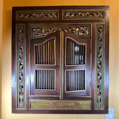 Indian/Balinese "Window Mirror" | Indian/Balinese (island of Bali) traditional painted teakwood window mirror with shutters....