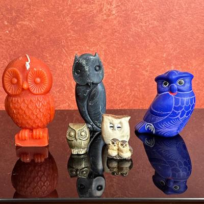 (6pc) Ceramic Figures - Owls | Collection of ceramic and other material owl figures, including: Tall red wax owl figure (with...