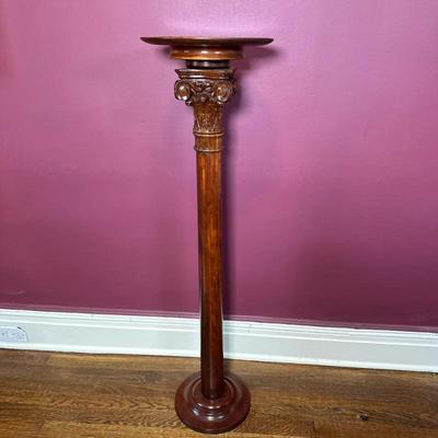 Mahogany Column Pedestal - 1/2 | Mahogany column pedestal/plant stand with ionic-style carved details. - h. 43 x w. 11.5 in
